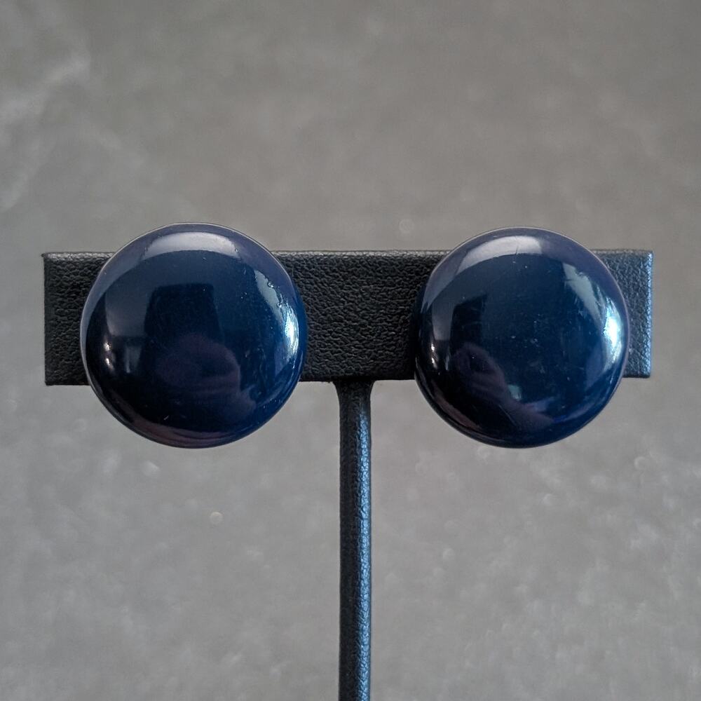 Vintage Screw On Earrings Retro Dark Blue Navy Blue Button Style Just Under 1"